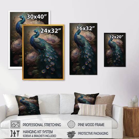 Designart 'Peacock With Flowers' Animals Canvas Wall Art